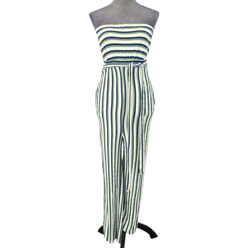 Maeve Jumpsuit Petites XSP Blue Ivory Green Stretch Knit Pockets Strapless Belt